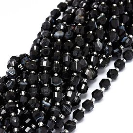 Natural Black Onyx Beads Strands, with Seed Beads, Faceted, Bicone, Double Terminated Point Prism Beads, Dyed & Heated