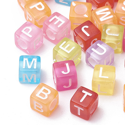 Transparent Acrylic Beads, Horizontal Hole, Cube with Initial Letter