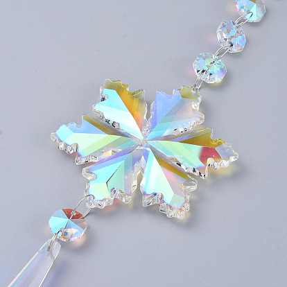 Cristal araña candelabros prismas, copo de nieve y colgante de cristal de bala puntiaguda, con cinta de organza, facetados, chapado en arco iris 