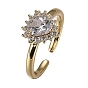 Brass Micro Pave Clear Cubic Zirconia Cuff Rings, Open Rings, Cadmium Free & Lead Free, Heart