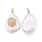 Natural Cultured Freshwater Pearl Pendants, with Brass Micro Pave Cubic Zirconia Findings, Nuggets with Hexagon, Golden