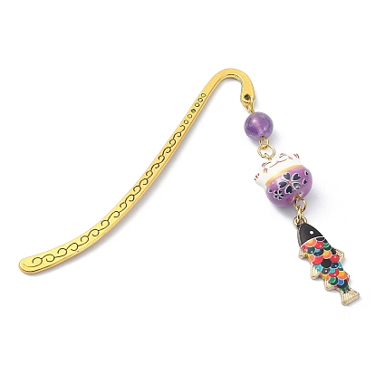 Japanese Style Maneki-neko Bookmark, Lucky Cat & Fish Pendant Bookmark with Natural Round Gemstone, Alloy Hook Bookmarks
