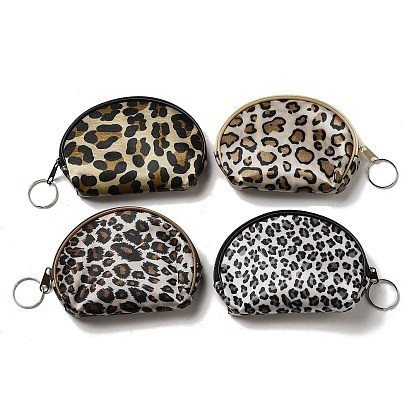 Leopard Print Cotton Cloth Wallets with Alloy Zipper, Semicircle with Iron Ring