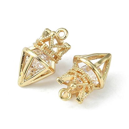 Brass Cubic Zirconia Pendants, 3D Crown & Diamond Charm