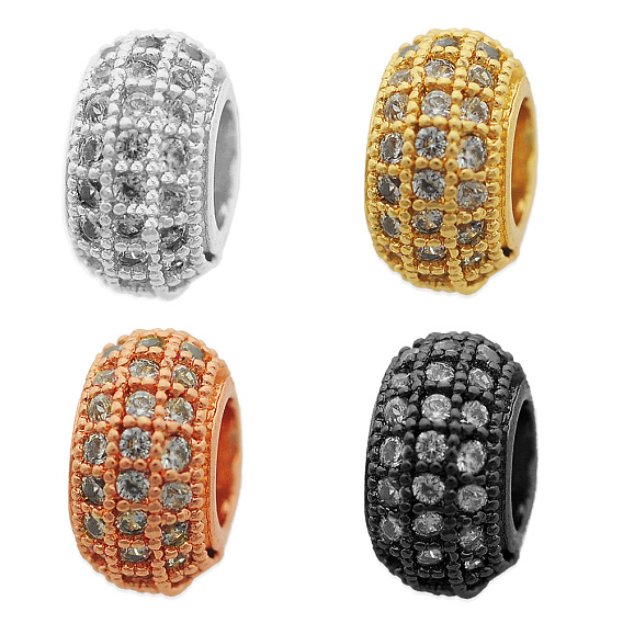 Brass Micro Pave Clear Cubic Zirconia Spacer Beads, Cadmium Free & Nickel Free & Lead Free, Flat Round