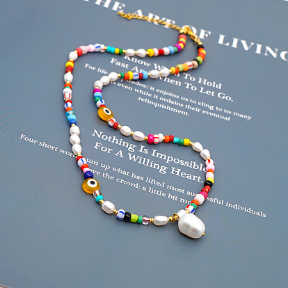 Bohemian Beach Style Minimalist Evil Eye Freshwater Pearl Necklace - European and American.