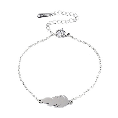 201 Stainless Steel Link Bracelets, with Lobster Claw Clasps, Feather