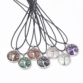 Натуральные и синтетические смешанные каменные подвесные ожерелья, с кожаным шнуром и медными железными выводами, плоские круглые с деревом