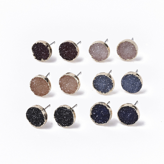 Electroplate Druzy Resin Stud Earrings, with Iron Pins and Light Gold Plated Iron Findings, Flat Round