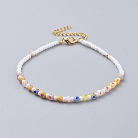 Millefiori Glass Anklets, with Round Glass Seed Beads, Brass Beads, 304 Stainless Steel Twisted Chains and Lobster Claw Clasps