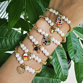 Bracelet à breloques en perles de cuivre pour femmes, cœur arc-en-ciel, palmier, bijoux à faire soi-même