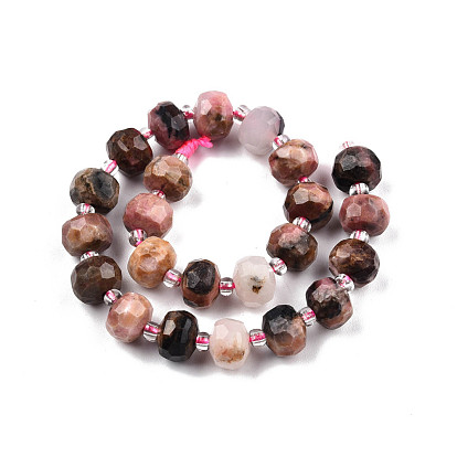 Natural Rhodonite Beads Strands, with Seed Beads, Faceted, Rondelle