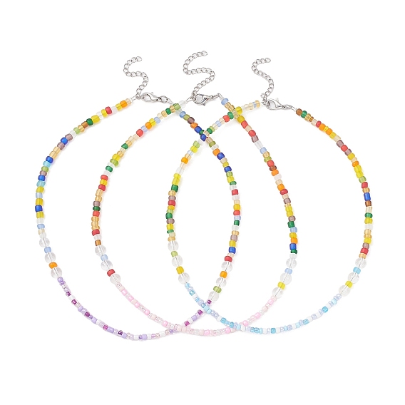 3Pcs 3 Color Natural Quartz Crystal & Glass Seed Beaded Necklaces Set
