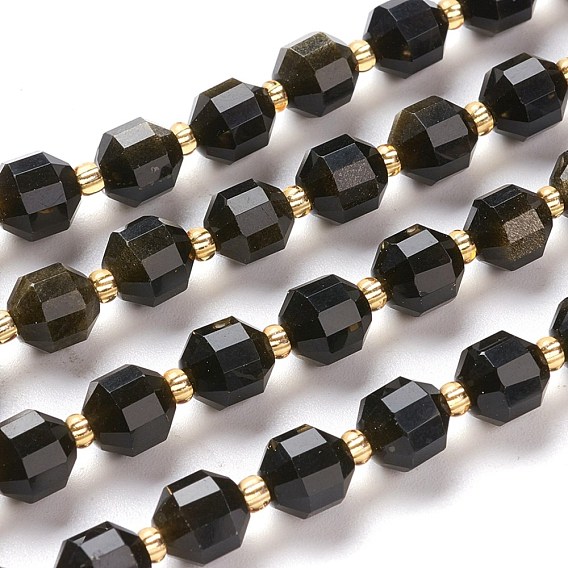Natural Golden Sheen Obsidian Beads Strands, Round, Faceted