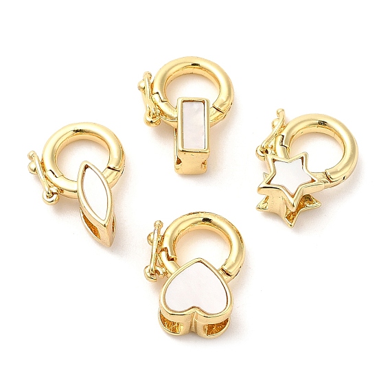 Rack Plating Brass Twister Clasps, with Shell, Cadmium Free & Lead Free, Real 18K Gold Plated, Long-Lasting Plated