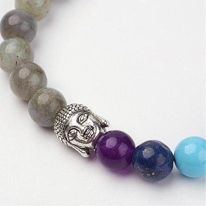 Gemstone Beads Stretch Bracelets, with Tibetan Style Alloy Buddha Head Beads