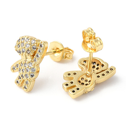 Clear Cubic Zirconia Bear Stud Earrings, Rack Plating Brass Jewelry, Lead Free & Cadmium Free