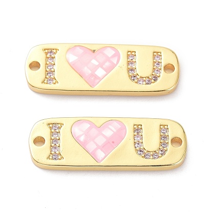 Brass Micro Pave Clear Cubic Zirconia Pendants, Shell Filled in Enamel, Long-Lasting Plated, Rectangle with Word Love, Pink