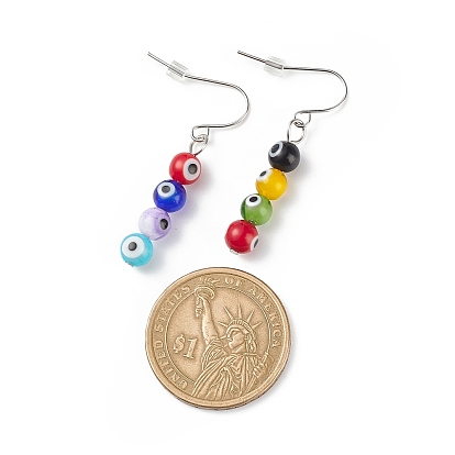 9 paires 9 boucles d'oreilles pendantes perlées rondes au chalumeau de couleur, 304 bijoux porte-bonheur en acier inoxydable pour femmes