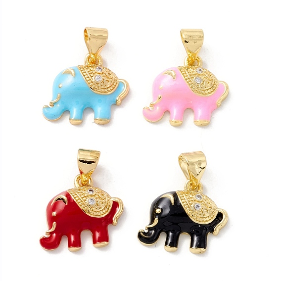 Rack Plating Brass Cubic Zirconia Charms, with Enamel, Cadmium Free & Lead Free, Real 18K Gold Plated, Elephant