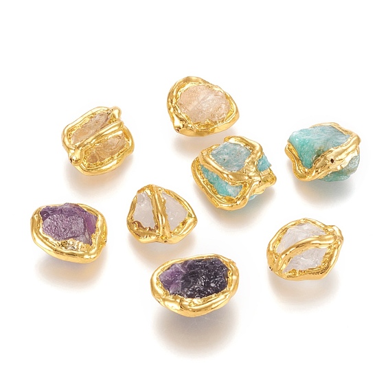 Perles de pierres précieuses naturelles brutes, avec bord en laiton plaqué or, nuggets