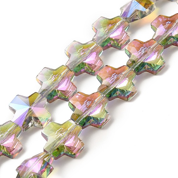 Transparentes perles de verre de galvanoplastie brins, facette, demi-plaqué, croix