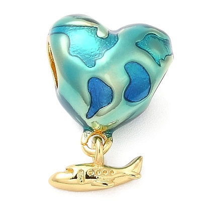 Rack Plating Brass Enamel European Dangle Charms, Large Hole Pendants, Lead Free & Cadmium Free, Long-Lasting Plated, Heart with Plane