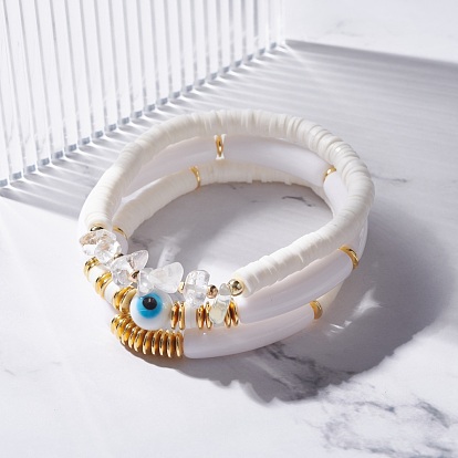 Ensemble de bracelets de grosses perles de tube, bracelets de perles mauvais œil, perles de cristal de quartz naturel bracelets reiki, bracelets de surf en perles heishi pour femmes, or