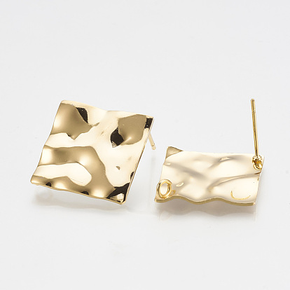 Brass Stud Earring Findings, with Loop, Real 18K Gold Plated, Rhombus