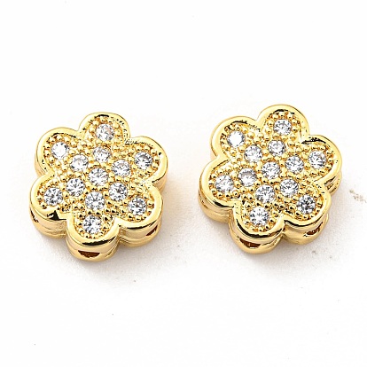 Rack Plating Brass Micro Pave Cubic Zirconia Multi-Strand Links, Long-Lasting Plated, Lead Free & Cadmium Free, Flower