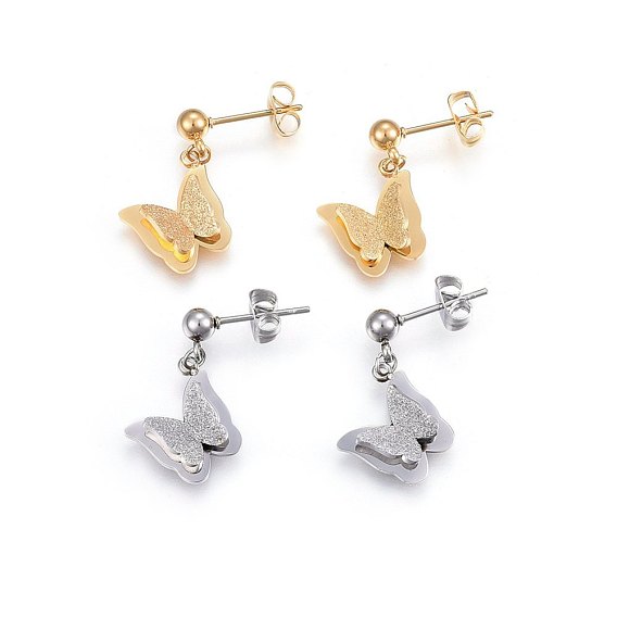 304 Stainless Steel Dangle Stud Earrings, Hypoallergenic Earrings, Textured, Butterfly