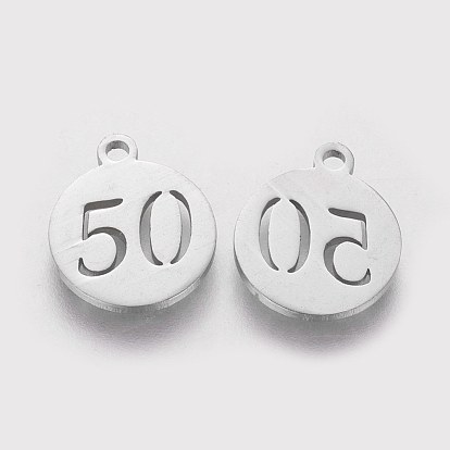 201 Stainless Steel Charms, Flat Round with Number 50