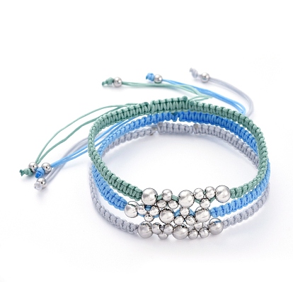 Adjustable Nylon Thread Braided Bead Bracelets Sets, with Brass Round Beads