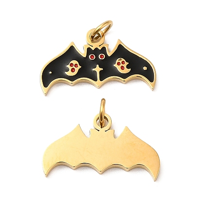 Halloween Ion Plating(IP) 304 Stainless Steel Pendants, with Enamel and Jump Ring, Golden, Bat Charm