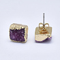Natural Dyed Druzy Quartz Stud Earrings, with Brass Findings, Square, Golden