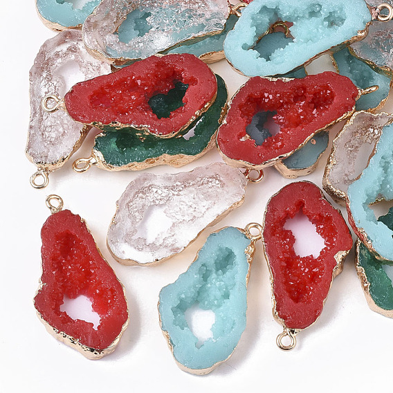Druzy Resin Pendants, Imitation Geode, with Edge Light Gold Plated Iron Loops, Nuggets