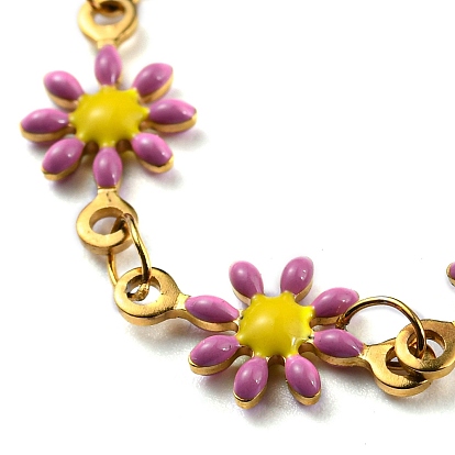 304 Stainless Steel Flower Link Chain Bracelets with Enamel