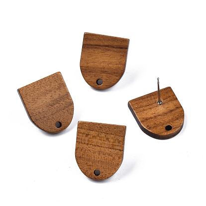 Walnut Wood Stud Earring Findings, with Hole and 304 Stainless Steel Pin, Half Oval