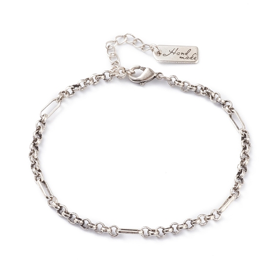 Brass Figaro Chain Bracelets, with Lobster Claw Clasps, Long-Lasting Plated, Word Hand Made