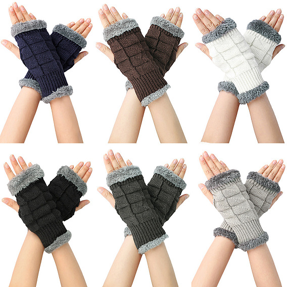 Guantes sin dedos para tejer con hilo de fibra acrílica, guantes cálidos de invierno con borde esponjoso y orificio para el pulgar