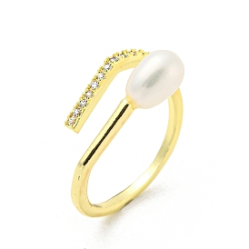 Brass Micro Pave Cubic Zirconia Open Cuff Rings, with Natural Pearl