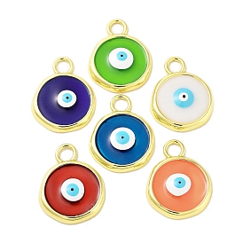 Rack Plating Brass Enamel Pendants, Long-Lasting Plated, Real 18K Gold Plated, Cadmium Free & Lead Free, Flat Round with Evil Eye Charm