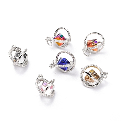 Brass Micro Pave Cubic Zirconia Pendants, Long-Lasting Plated, with Glass