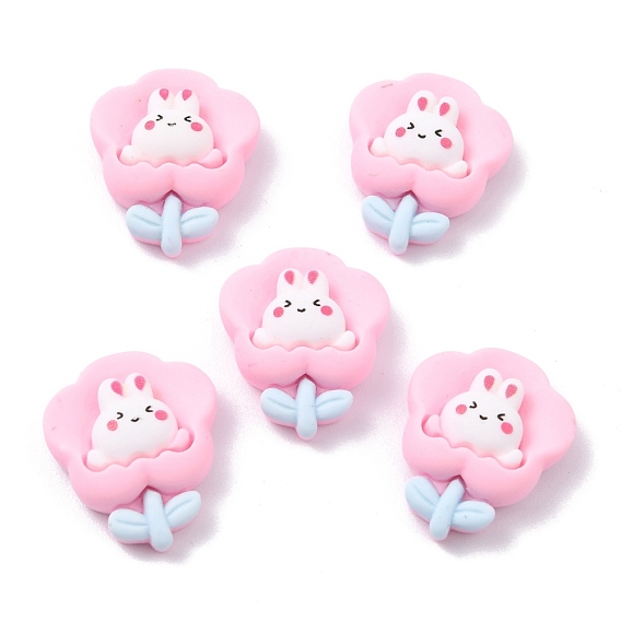 Opaque Resin Cabochons, for DIY Accessories, Flower with Rabbit