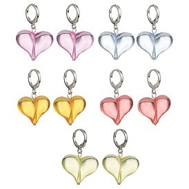 5 Pair 5 Color Acrylic Heart Dangle Leverback Earrings, Brass Earrings