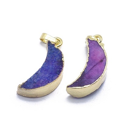 Natural Druzy Agate Pendants, Edge Golden Plated, with Golden Tone Brass Finding, Moon, Dyed & Heated