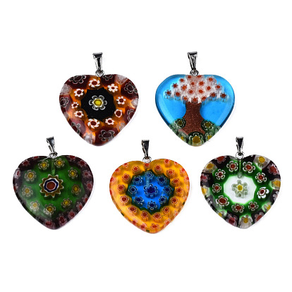 Handmade Millefiori Glass Pendants, with Platinum Plated Iron Findings, Heart, 27x24x3mm, Hole: 5x2mm