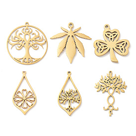 304 Stainless Steel Pendants, Laser Cut, Golden, Leaf/Tree of Life/Clover/Flat Round Charm