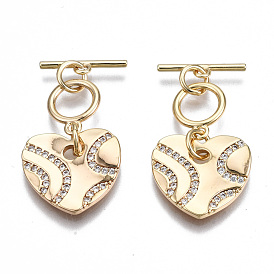 Brass Micro Pave Clear Cubic Zirconia Toggle Clasps, Nickel Free, Heart