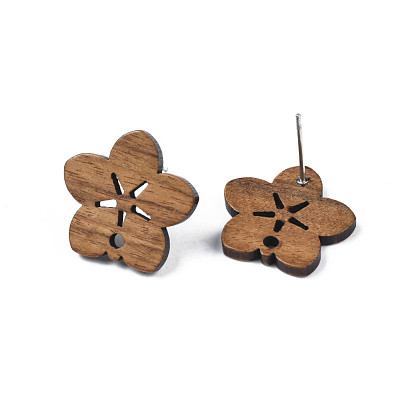 Walnut Wood Stud Earring Findings, with 316 Stainless Steel Pin and Hole, Flower
